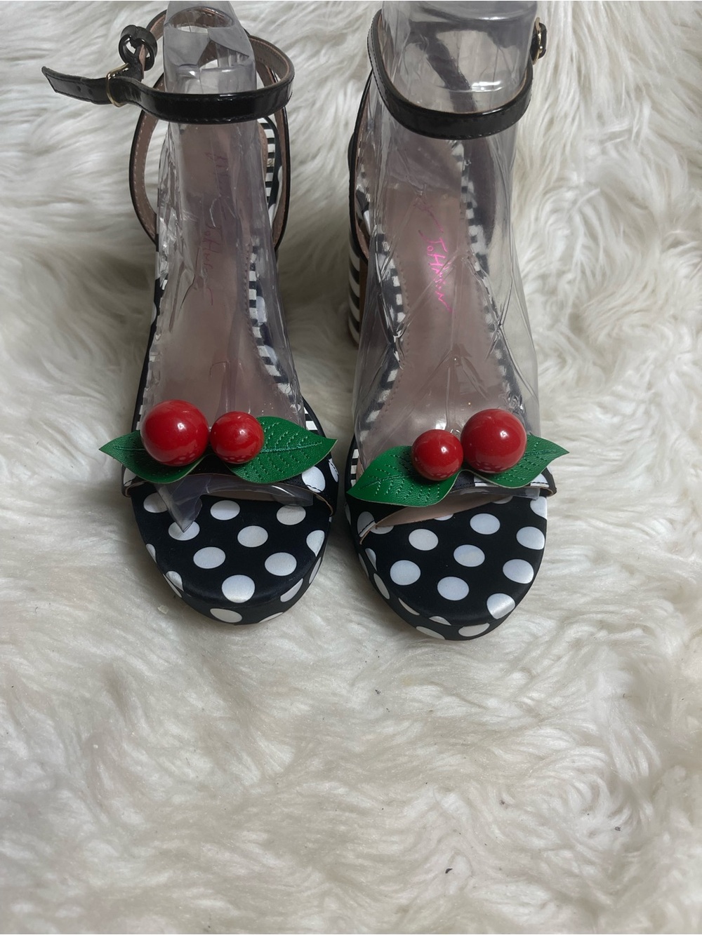 Betsey Johnson Black White Polka Dot Platform Sandal Red Cherry Accent SZ8M - Picture 4 of 12